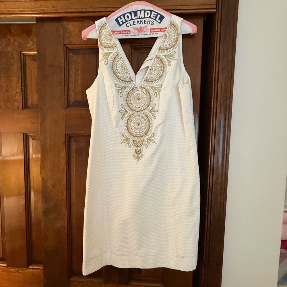 White Sleeveless Dress with Gold Embroidery